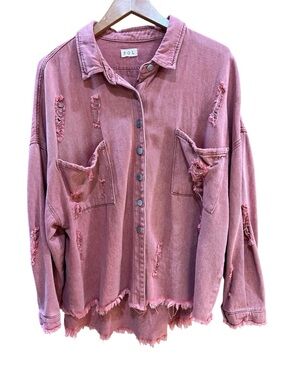 POL Washed Rose Pink Distressed Denim Shacket